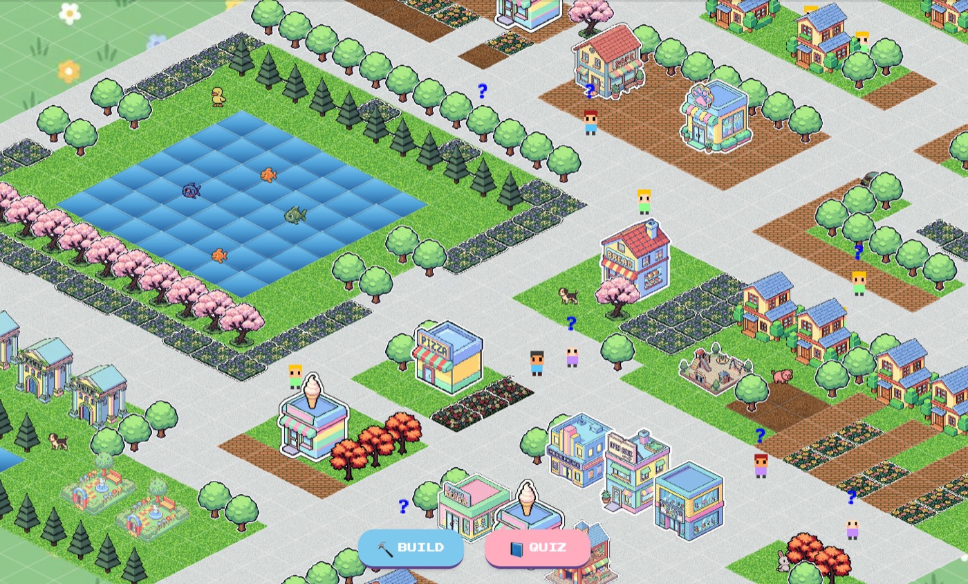 Gameplay screenshot with quiz and village progression